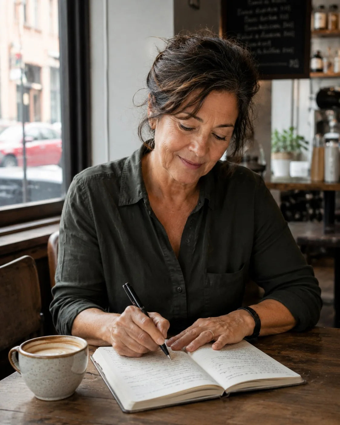 A woman journaling at a cafe