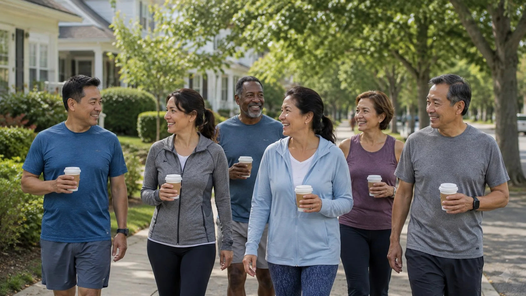 Friends walking together with coffee