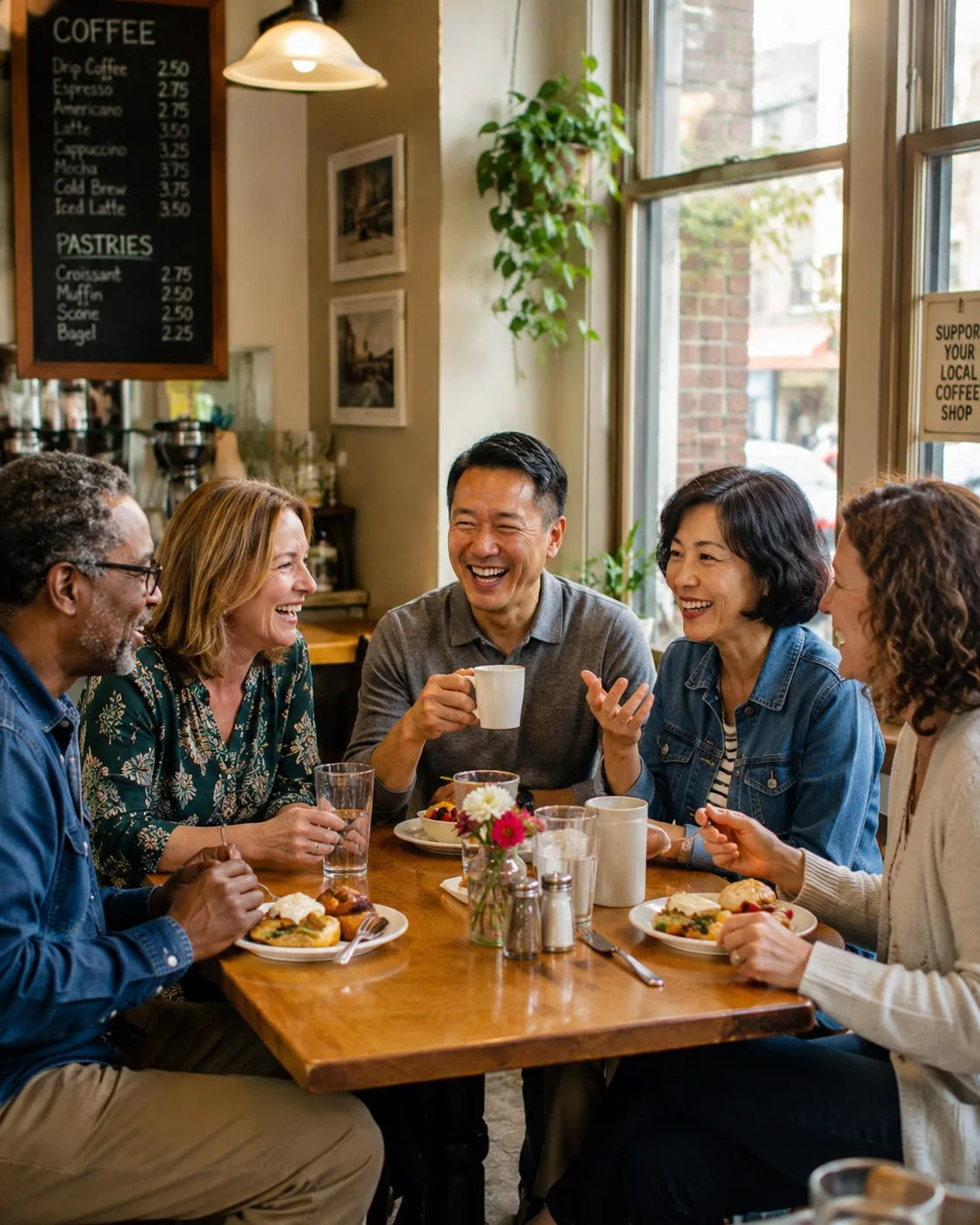 Friends talking around a cafe table