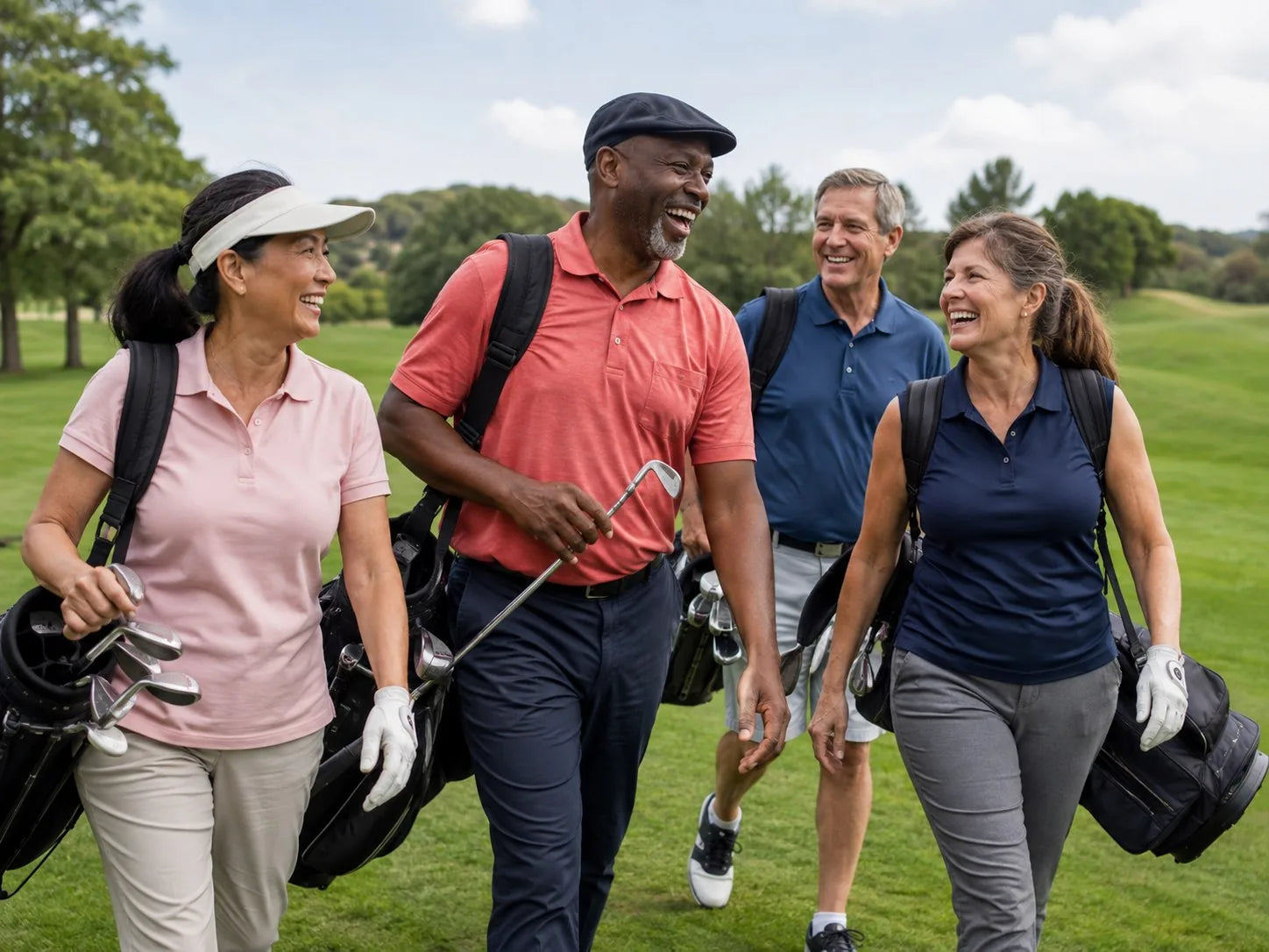 Friends walking on a golf course