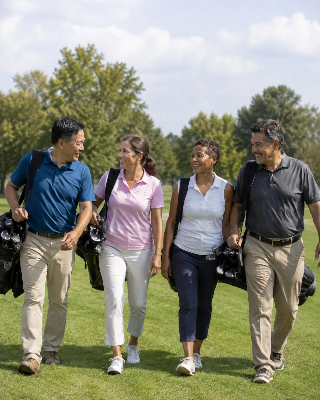 Friends walking a golf course