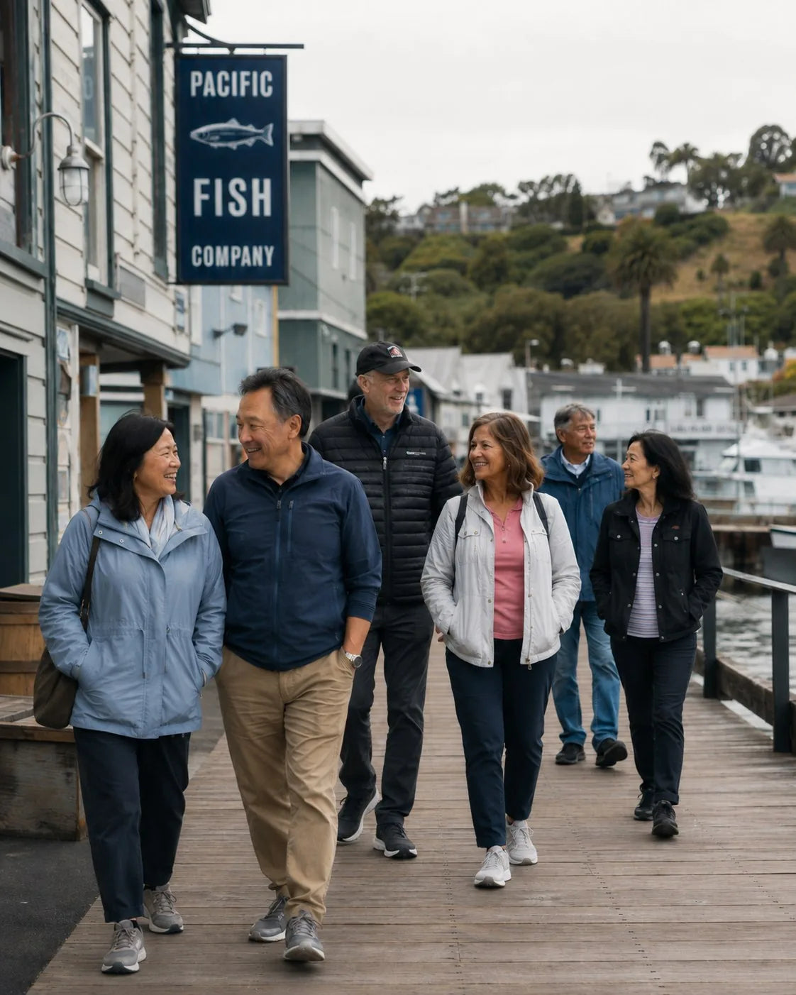 Friends strolling through a harbor town